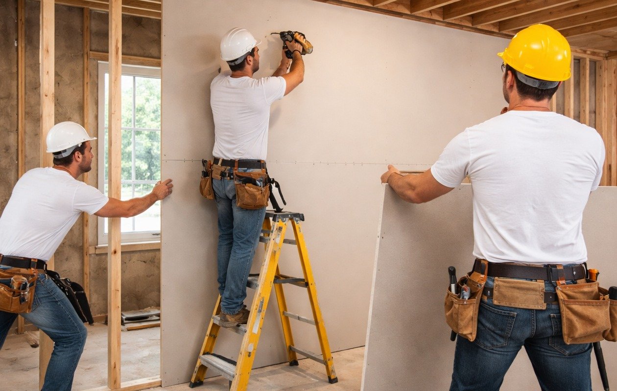 Drywall installation team at work